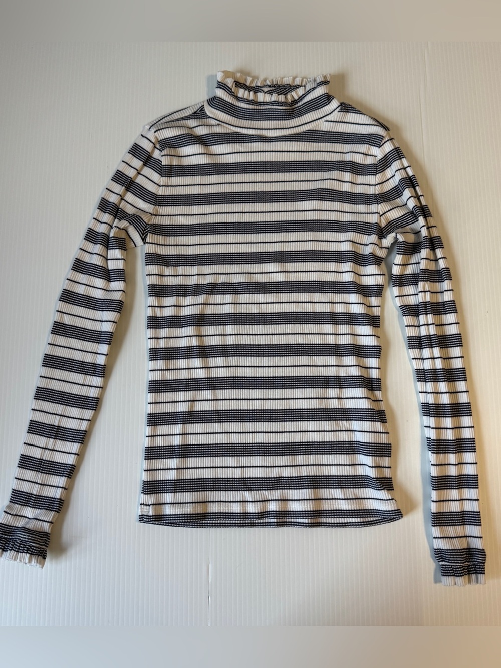 J.Crew Ribbed Stripe Ruffle Mock Neck Top XS Coastal Preppy Balletcore Soft